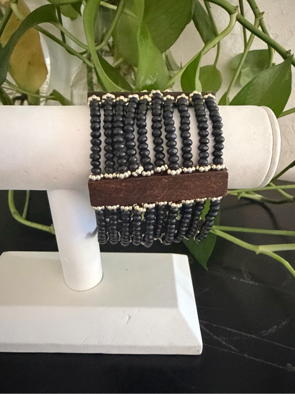 Vintage Hawaiian Koa Wood & Lava Bead Surfer Cuff Bracelet